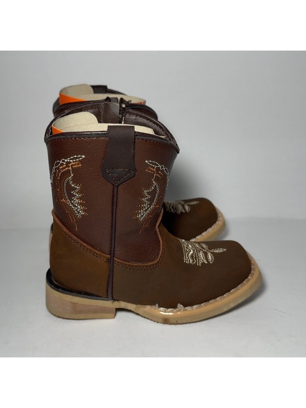Toddler Brown Western Cowboy Boots Floral Embroidery Square Toe 14cm
